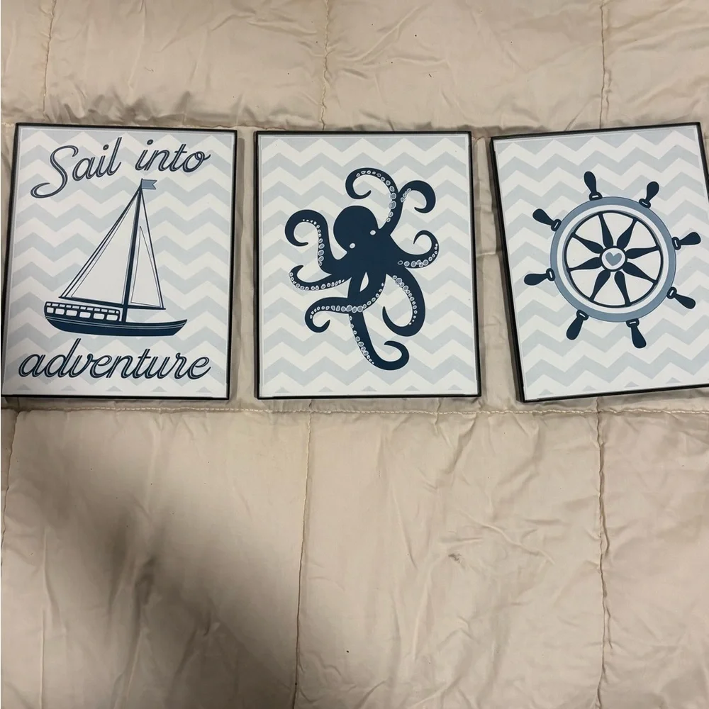 3 beautiful Nautical Wall Art Set- 8x10 picture frames- sailboat, octopus, wheel
